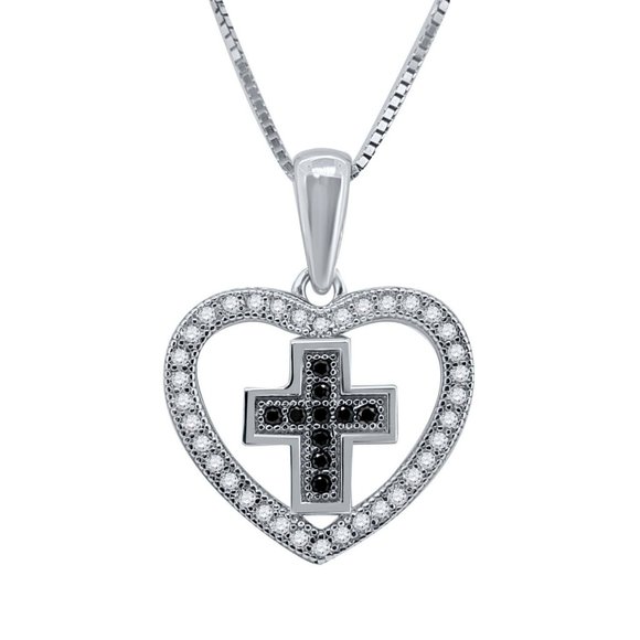 Moissanite-Black Diamond Cross-Heart Pendant Silve - Picture 1 of 4